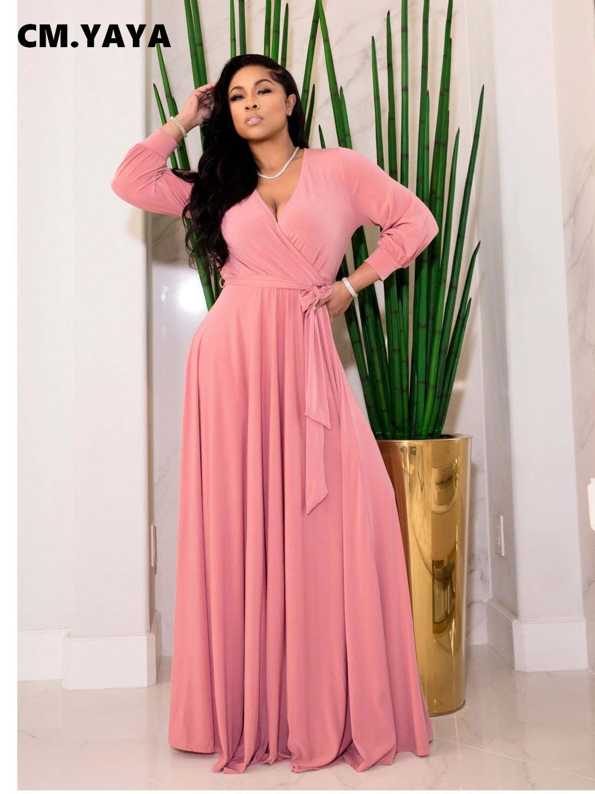 CM.YAYA Elegant Women Wraped V-neck Long Sleeve with Sashes Maxi Long Dress Chic INS Sexy Party Prom Big Swing Pink Dresses GONZALES ONLINE SHOP