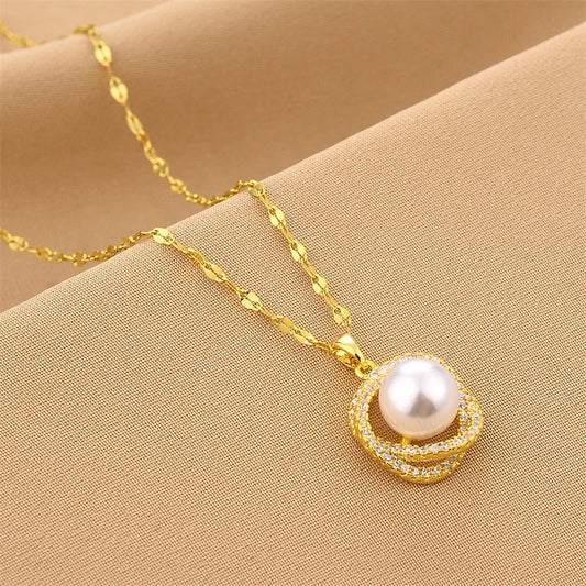 New Fashion Luxury 18K Gold Plated Imitation Pearl Pendant Necklaces For Women Trendy Retro Style Stainless Steel Clavicle Chain GONZALES ONLINE SHOP