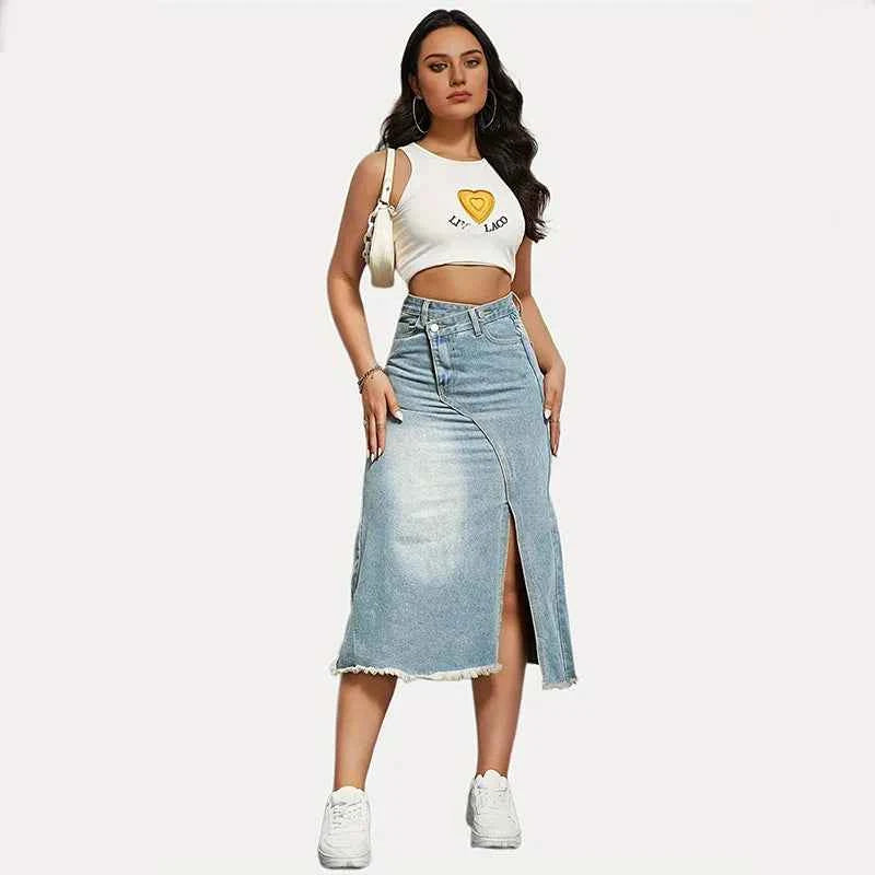 DongCMY Luxury Fashion Spring And Summer New Retro Denim Skirt Women's Fashion Slit Splicing Mid-length A-line Skirt