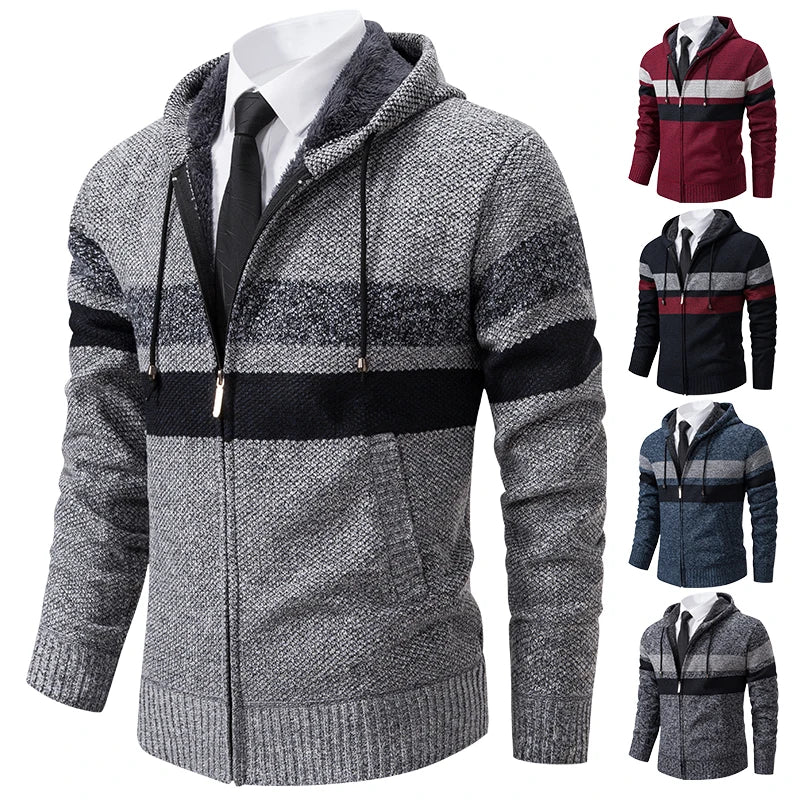 2023 New Autumn and Winter Striped Hooded Sweater Men's Coat with Velvet Padded Warm Knit Cardigan GONZALES ONLINE SHOP