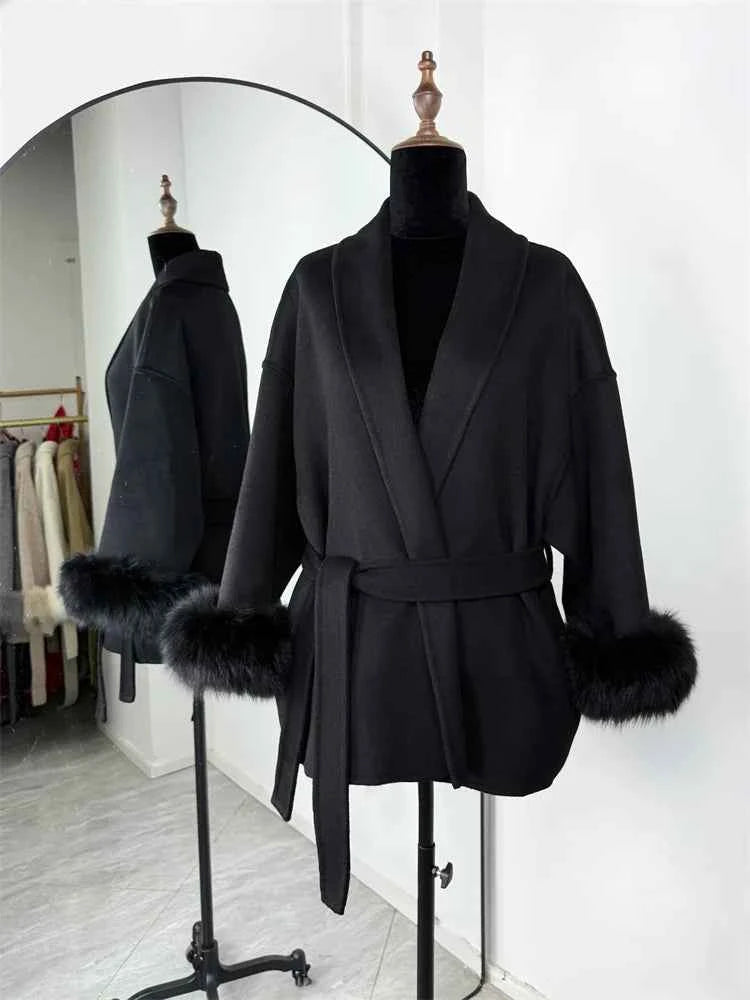 Tossy Fox Fur Wool Overcoat Women's Short Coat Office Lady Elegant Double-sided Woolen Coat 2025 New Cardigan Jackets Loose Wool