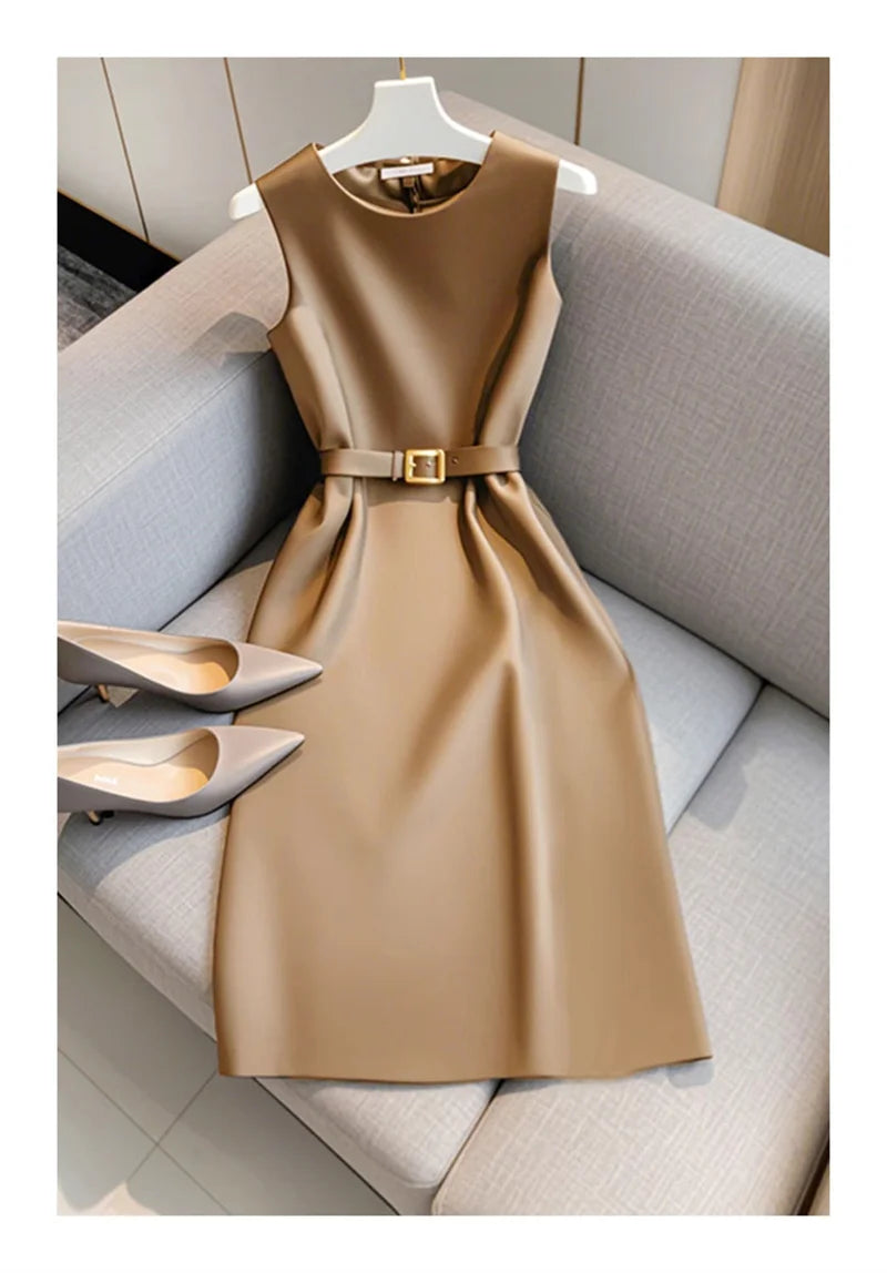 Elegant Women's Formal Dress With Belt Summer New Fashion Solid Color O-Neck Sleeveless High Waist OL Midi Party Vestidos 223P GONZALES ONLINE SHOP