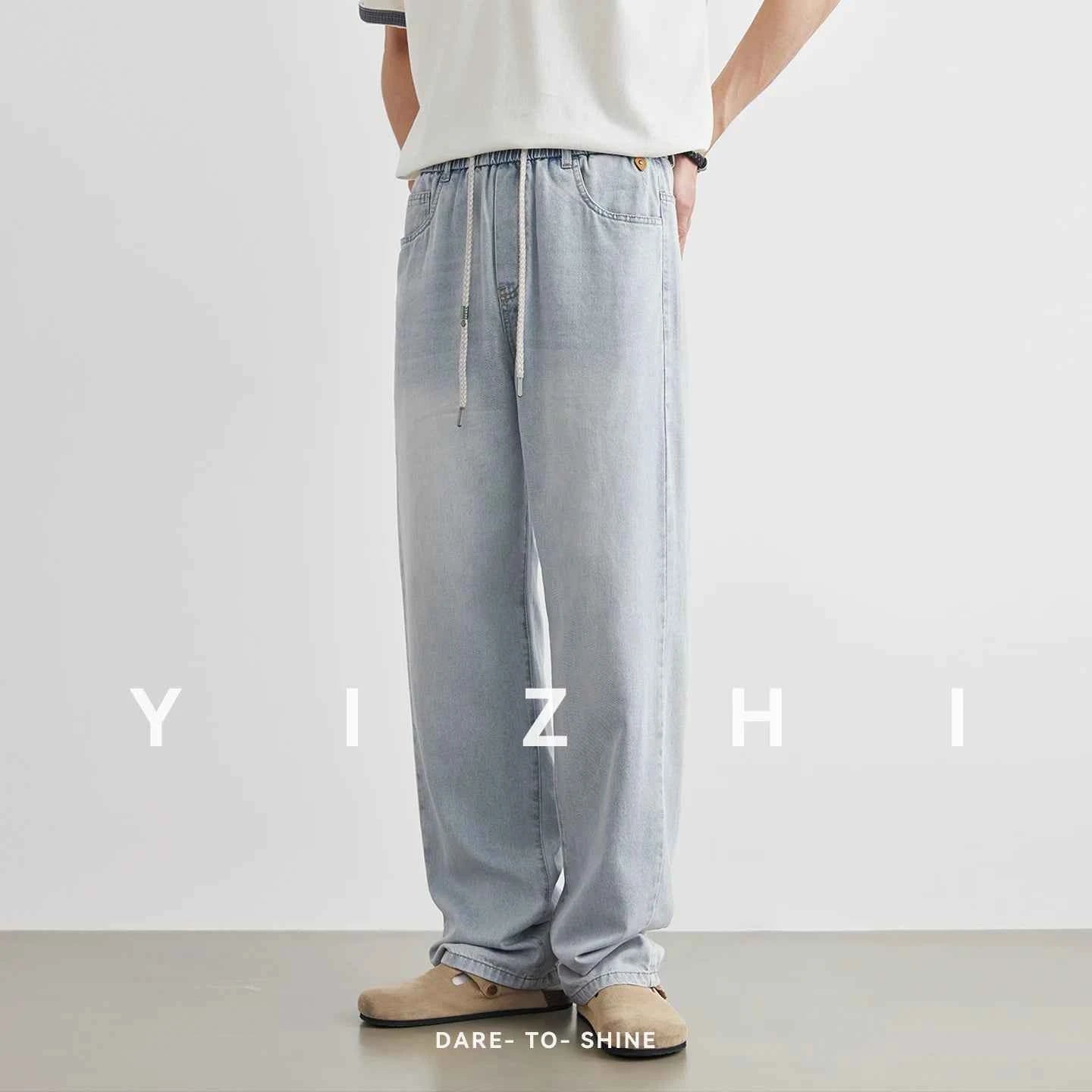 Fashion Men's Drawstring Elastic Waist Street Style Drape Jeans 2025 Summer Light Blue Washed Loose Straight Casual Pants