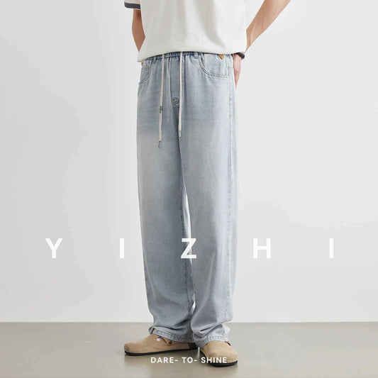 Fashion Men's Drawstring Elastic Waist Street Style Drape Jeans 2025 Summer Light Blue Washed Loose Straight Casual Pants