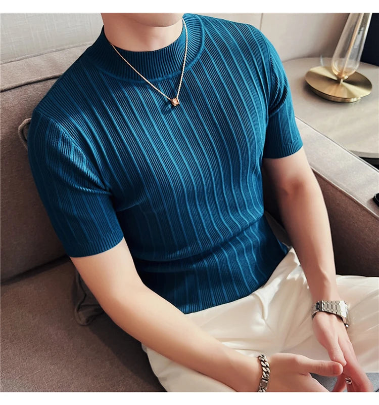 Men's High-End Casual Short Sleeve knitting Sweater/Male High collar Slim Fit Stripe Set head Knit Shirts Plus size S-4XL GONZALES ONLINE SHOP