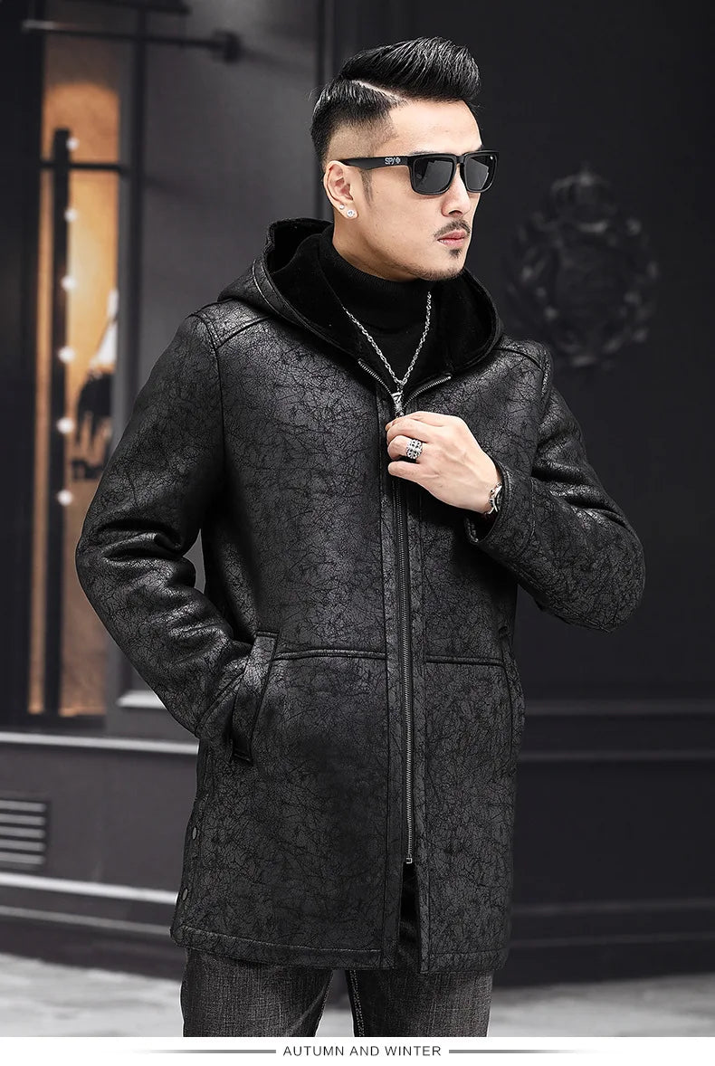 AYUNSUE Winter Coat Men 2022 Warm Hooded Jacket for Men Style 100% Wool Fur Coats Mid-length Black Wool Jackets Business Abrigos GONZALES ONLINE SHOP