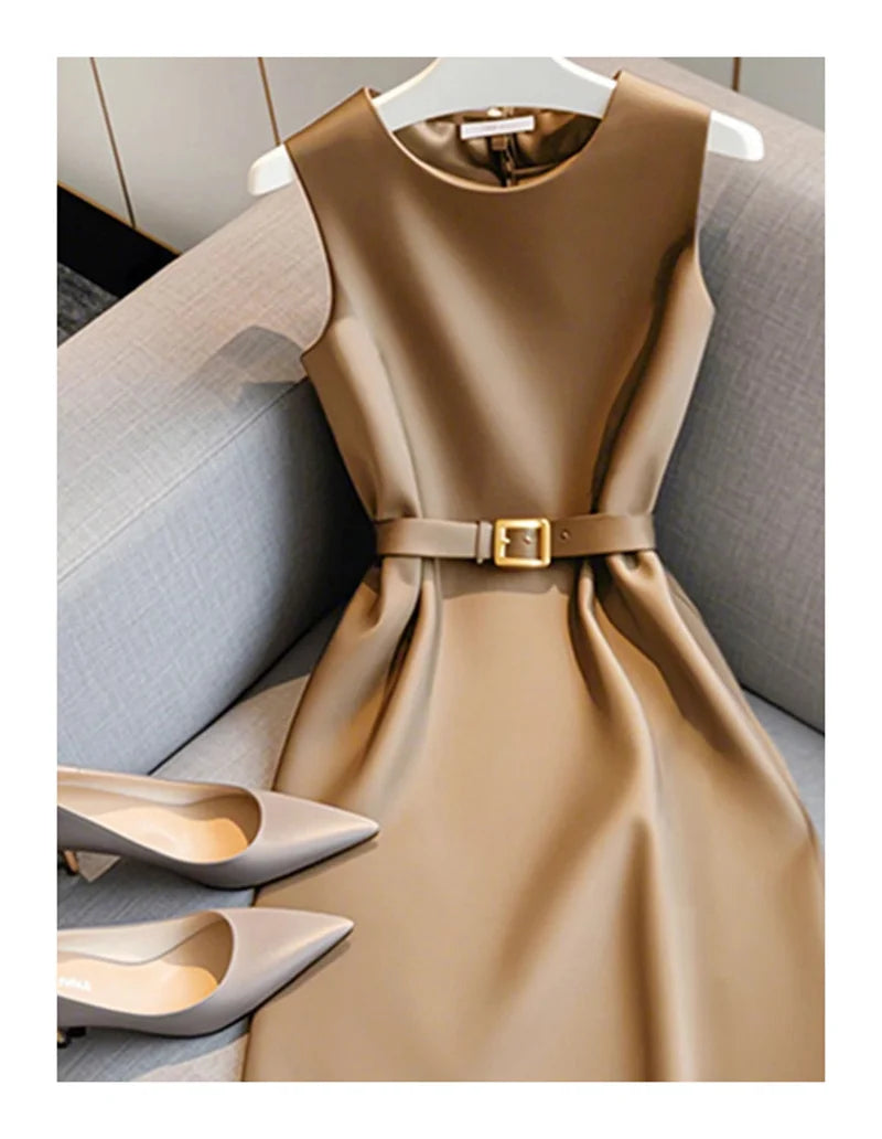 Elegant Women's Formal Dress With Belt Summer New Fashion Solid Color O-Neck Sleeveless High Waist OL Midi Party Vestidos 223P GONZALES ONLINE SHOP