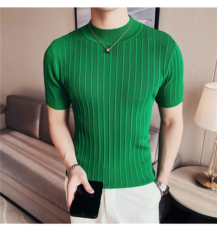 Men's High-End Casual Short Sleeve knitting Sweater/Male High collar Slim Fit Stripe Set head Knit Shirts Plus size S-4XL GONZALES ONLINE SHOP