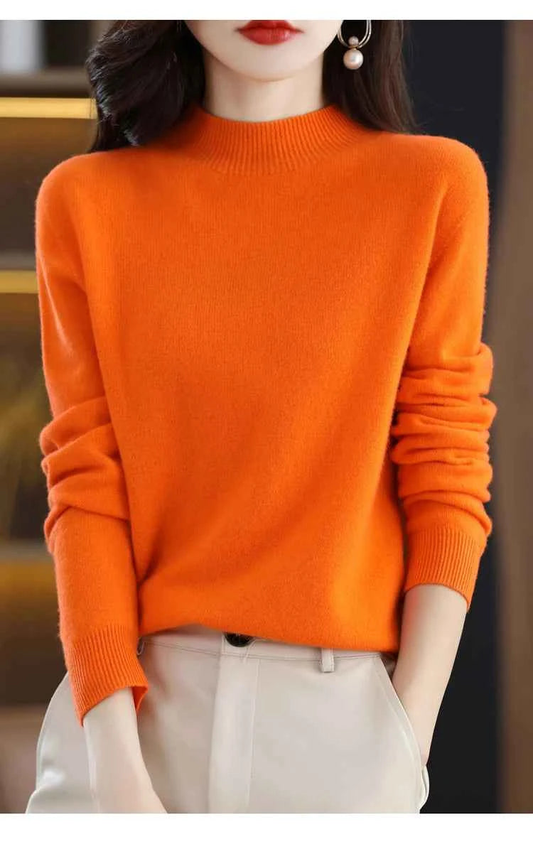 Half High Solid Color Cashmere Sweater For Women Loose Pullover Autumn and Winter Contracted Commuter Basic Knitwear Top Base