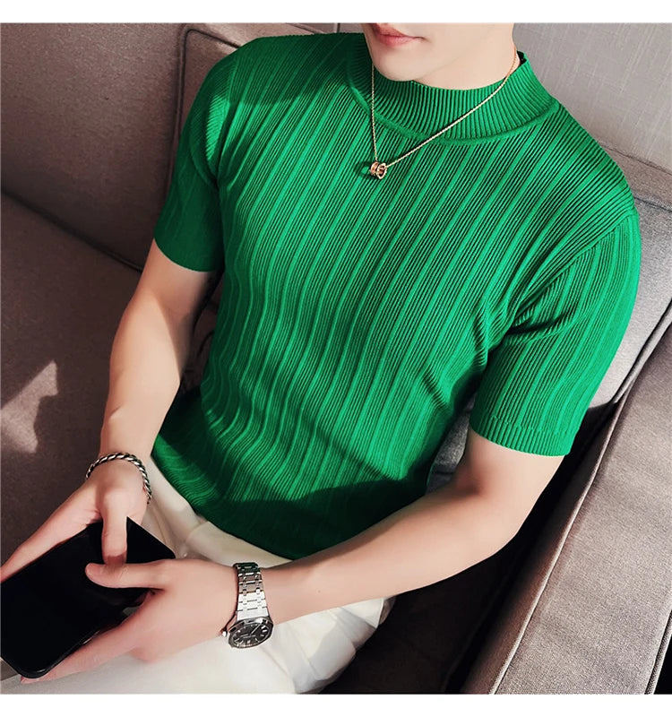 Men's High-End Casual Short Sleeve knitting Sweater/Male High collar Slim Fit Stripe Set head Knit Shirts Plus size S-4XL GONZALES ONLINE SHOP