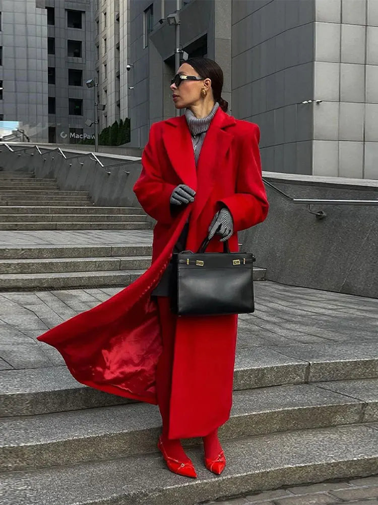 New Red Elegant Turndown Collar Women's Woolen Overcoat Vintage Full Sleeves Loose Commute Long Coat 2024 Lady Chic Fall Outwear GONZALES ONLINE SHOP