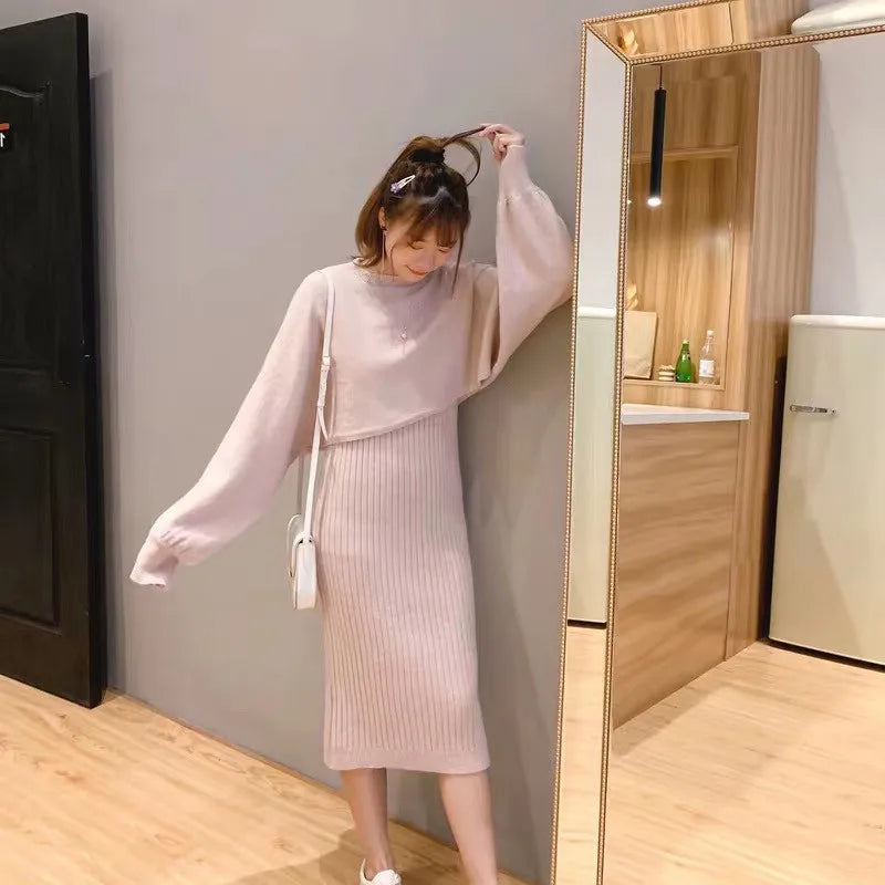 Fashion Sexy Knitted Dress Two-piece Set Women 2023 Spring Autumn New Temperament Solid Long-sleeved Sweater Women's Outtifits GONZALES ONLINE SHOP