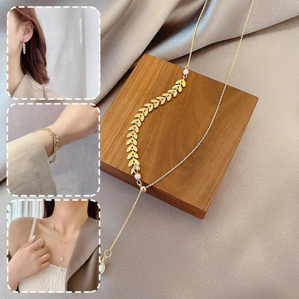 Fashion 3pcs Wheat Necklace Bracelet Earring Set Retro Wheat Leaf Clavicle Chainsexy Sling Accessories Korean Women's Jewelry GONZALES ONLINE SHOP