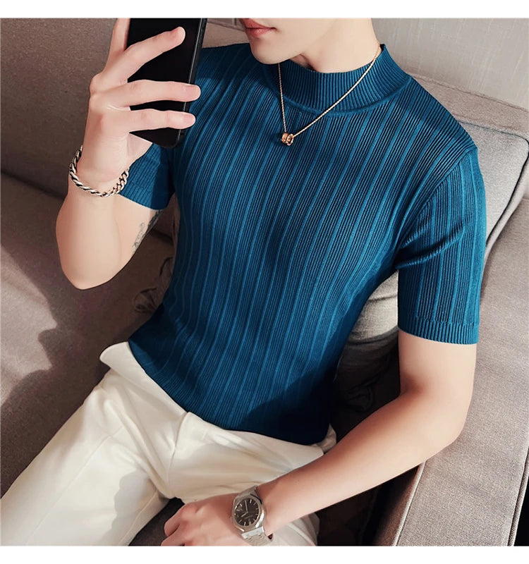 Men's High-End Casual Short Sleeve knitting Sweater/Male High collar Slim Fit Stripe Set head Knit Shirts Plus size S-4XL GONZALES ONLINE SHOP