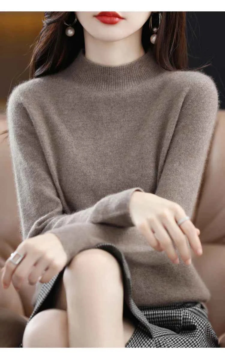 Half High Solid Color Cashmere Sweater For Women Loose Pullover Autumn and Winter Contracted Commuter Basic Knitwear Top Base
