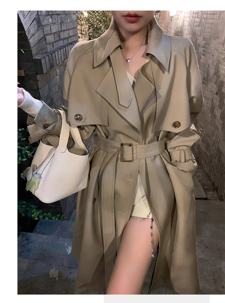 Autumn Winter Khaki Long Trench Coat for Women 2024 Jacket Elegant Outerwear Turn-down Collar Tie Belt Korean Chic Windbreaker GONZALES ONLINE SHOP