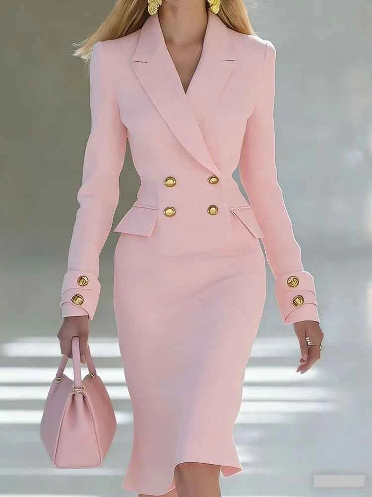 Elegant V-neck Double breasted Blazer Dress Fashion Commute Hight Waist Solid Party Dress Lady Casual Long Sleeve Wrap Hip Dress