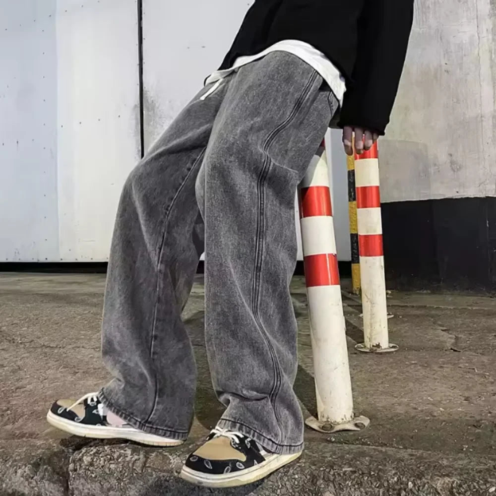 2025 New Streetwear Loose Jeans Men Korean Style Fashion Loose Straight Wide Leg Pants Men's Brand Clothing Black Light Blue 3XL