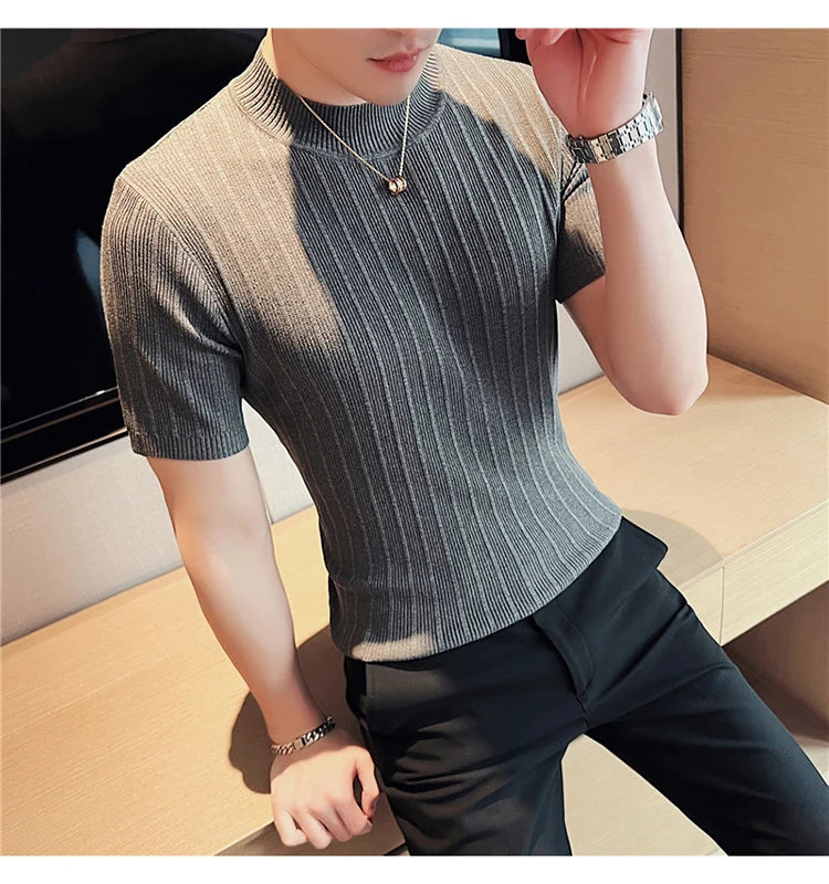 Men's High-End Casual Short Sleeve knitting Sweater/Male High collar Slim Fit Stripe Set head Knit Shirts Plus size S-4XL GONZALES ONLINE SHOP