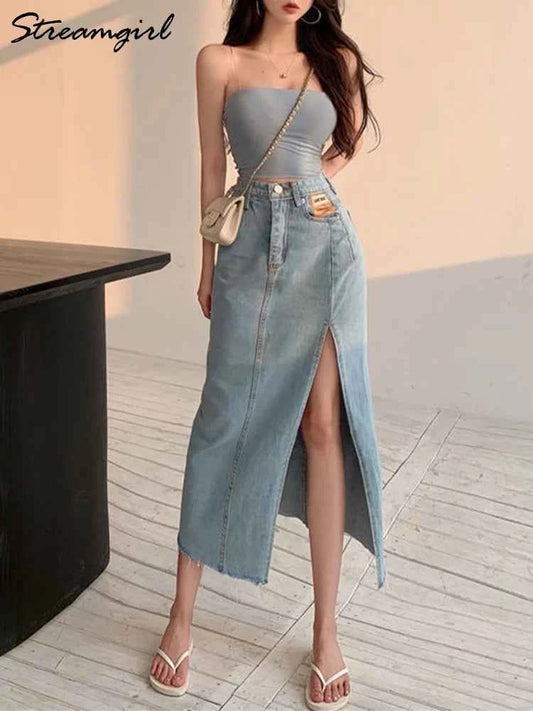 Streamgirl Maxi Jeans Skirt Women Denim Long Skirts Summer 2024 Vintage Maxi Skirt Side Split Denim Skirt Women Long Korean