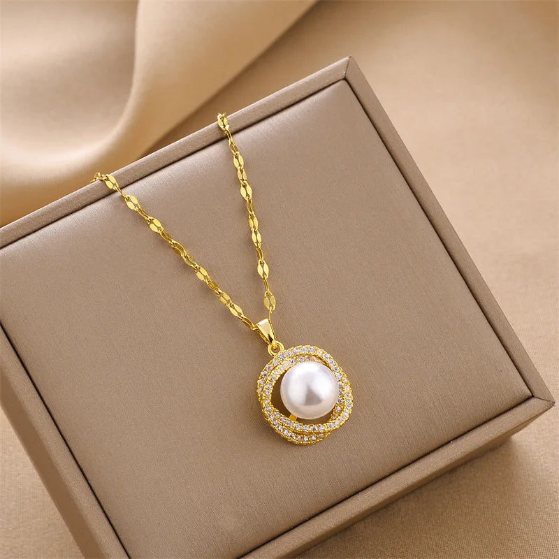 New Fashion Luxury 18K Gold Plated Imitation Pearl Pendant Necklaces For Women Trendy Retro Style Stainless Steel Clavicle Chain GONZALES ONLINE SHOP