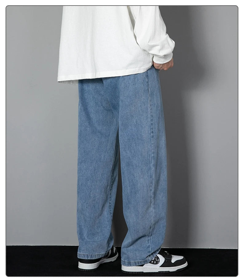 2026 New Korean Men's Casual Long Jeans Classic Man Straight Denim Wide-leg Pants Solid Color Light Blue Grey Black GONZALES ONLINE SHOP