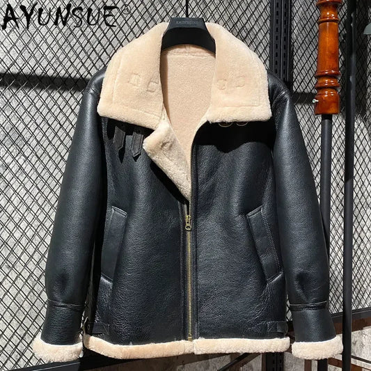 AYUNSUE Mens Fur Jacket Coat Winter Natural Fur Coats Men Original Sheepskin Wool Fur Leather Jackets Warm Vintage Flight Suit GONZALES ONLINE SHOP