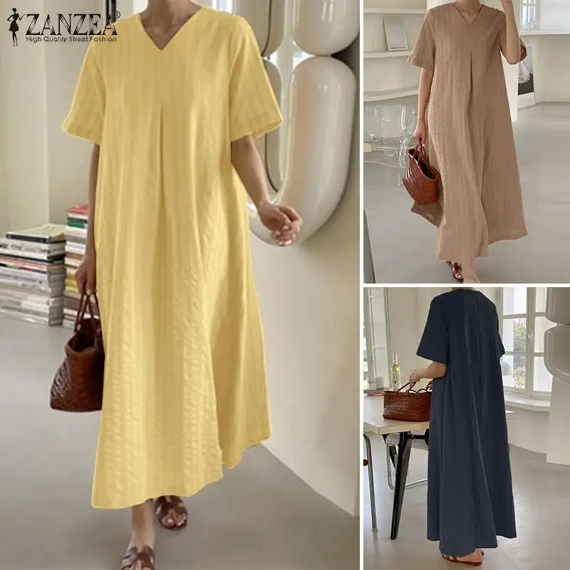 ZANZEA Elegant Women V Neck Short Sleeve Sundress Summer Fashion Casual Loose Maxi Dress Robe Femme Holiday Vestido Oversize GONZALES ONLINE SHOP