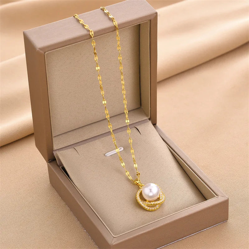 New Fashion Luxury 18K Gold Plated Imitation Pearl Pendant Necklaces For Women Trendy Retro Style Stainless Steel Clavicle Chain GONZALES ONLINE SHOP