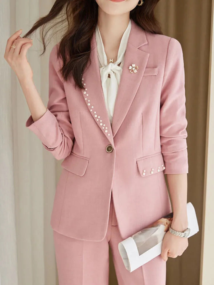 Women Office Suit 2 Pieces Sets Elegant Chic Design Ol Slim Long Sleeve Coats Tops Korean Formal High Waist Straight Pants 2024 GONZALES ONLINE SHOP