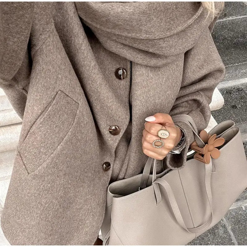 Fashion Solid Woolen Coat With Scarf Elegant Long Sleeve Single Breasted Pockets Jackets 2024 Winter Female Chic Street Outwear GONZALES ONLINE SHOP