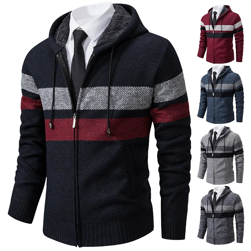 2023 New Autumn and Winter Striped Hooded Sweater Men's Coat with Velvet Padded Warm Knit Cardigan GONZALES ONLINE SHOP