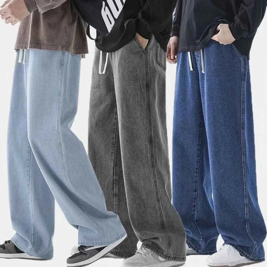 2026 Spring Drawstring Elastic Waist Men's Jeans Straight Wide Leg Loose Trend Casual Pants Pants