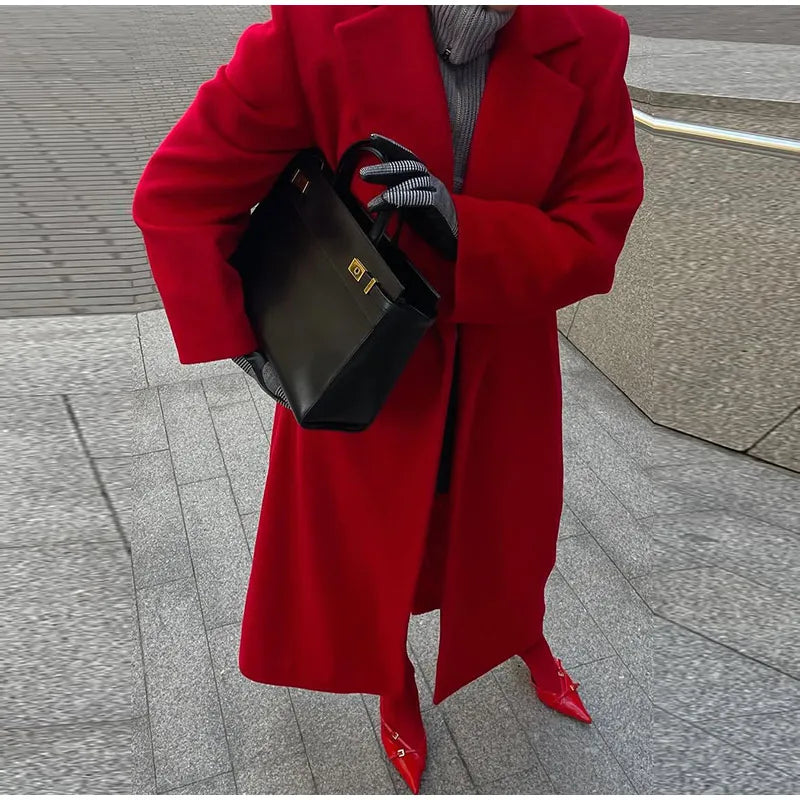 New Red Elegant Turndown Collar Women's Woolen Overcoat Vintage Full Sleeves Loose Commute Long Coat 2024 Lady Chic Fall Outwear GONZALES ONLINE SHOP