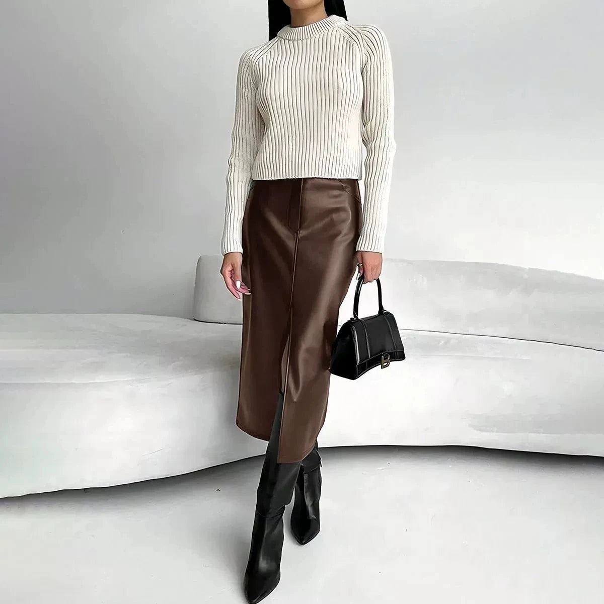 Leather Skirt High Waist Women Front Slit Spring Autumn Long Skirt High Waisted Office Lady Slim Skirts Elegant Ropa De Mujer GONZALES ONLINE SHOP