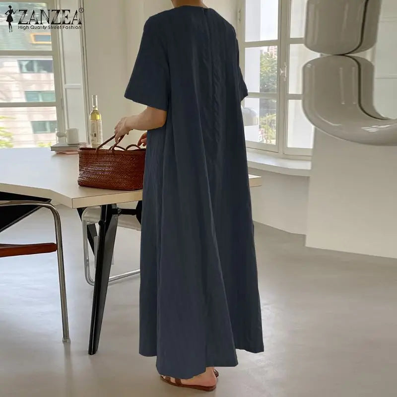 ZANZEA Elegant Women V Neck Short Sleeve Sundress Summer Fashion Casual Loose Maxi Dress Robe Femme Holiday Vestido Oversize GONZALES ONLINE SHOP