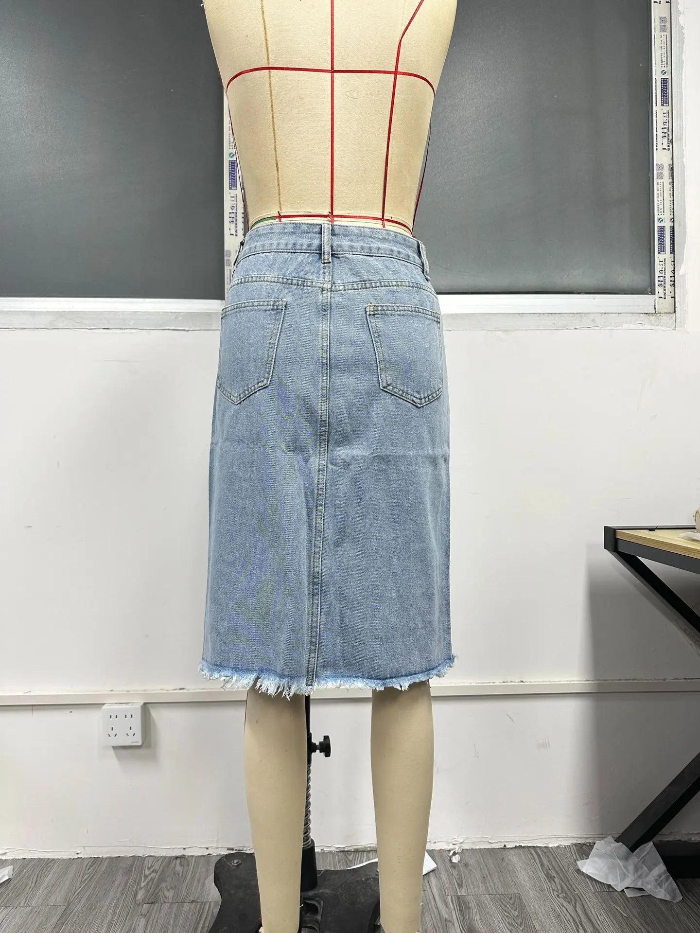 Women Slit Denim Half Skirt Hand Frayed Tassel Raw Edge Skirt Vintage Retro Korean Jean Long Office Lady Slim Fit High Waisted GONZALES ONLINE SHOP