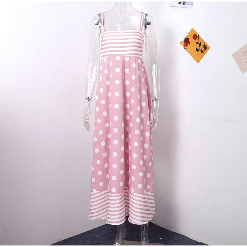 Pink Print Sling Dress Women Elegant Round Dot A Line Sleevelss Robe Female 2024 Summer Backless Elasticity Soft Dresses Lady GONZALES ONLINE SHOP