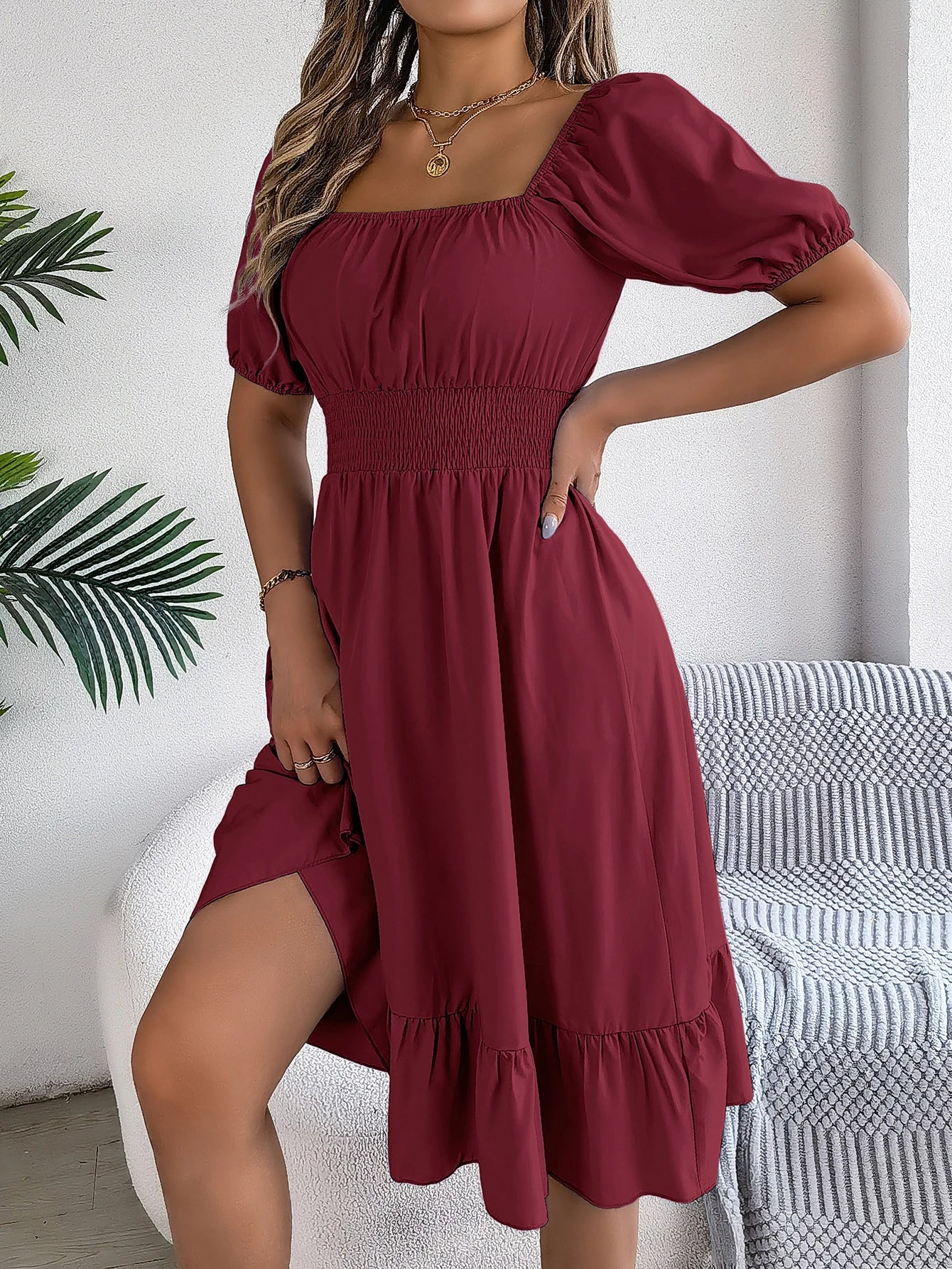 2024 New Fashion Solid Puff Sleeve Square Neck Ruched Bust Ruffle Hem Wasit Dress, Women's Clothing GONZALES ONLINE SHOP