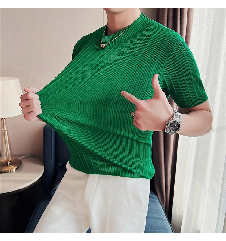 Men's High-End Casual Short Sleeve knitting Sweater/Male High collar Slim Fit Stripe Set head Knit Shirts Plus size S-4XL GONZALES ONLINE SHOP