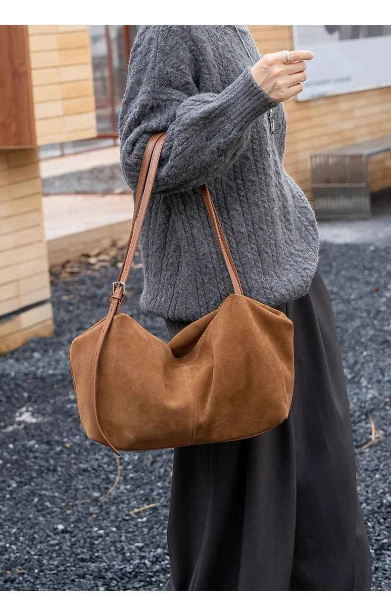 Women's Natural Nuede Genuine Leather Handbags Ladies large capacity Tote Bag Female Design Luxury Commuting Yoga Bag  hobo bag
