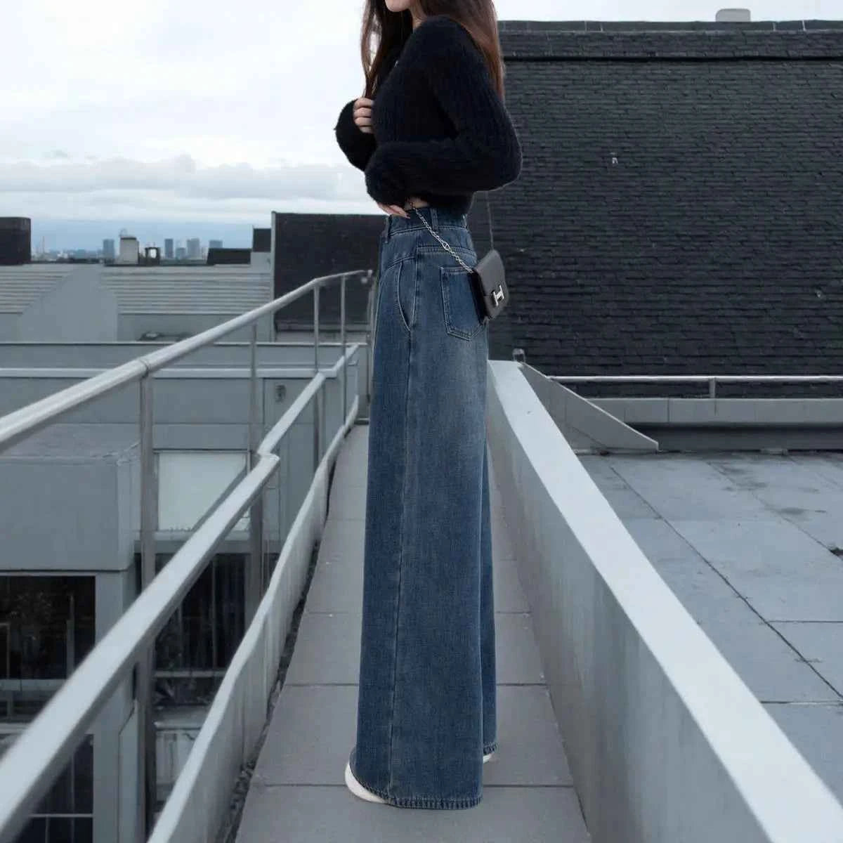 Retro Wide-leg Jeans in Spring Summer and Autumn New High-waist Loose Slim Casual and Versatile Floor Straight Trousers