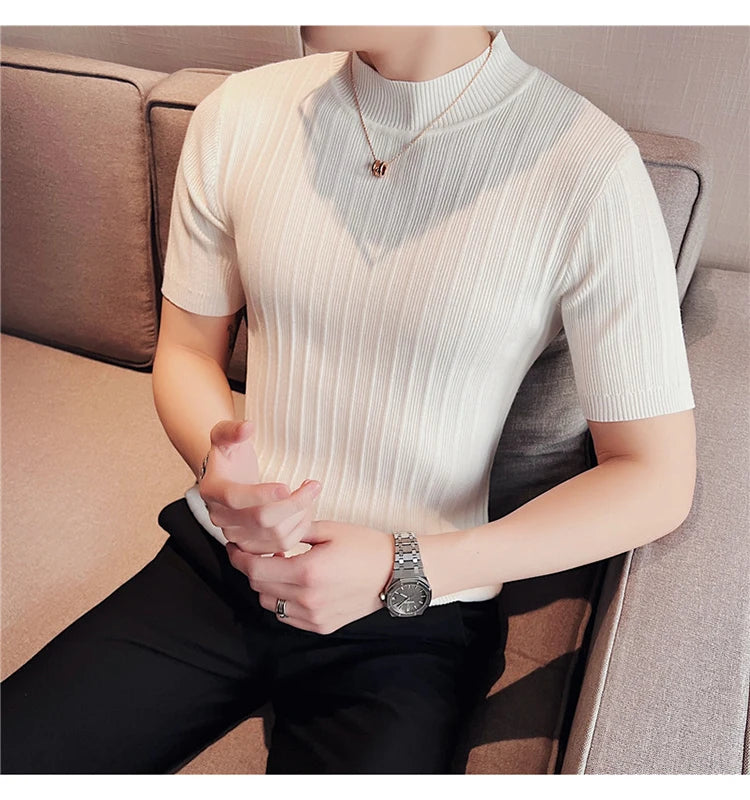 Men's High-End Casual Short Sleeve knitting Sweater/Male High collar Slim Fit Stripe Set head Knit Shirts Plus size S-4XL GONZALES ONLINE SHOP