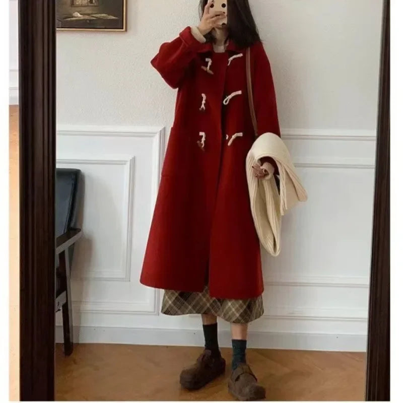 Women Chic Horn Button Long Blends Coats Solid Colors Warm Autumn Winter Coats Big Pockets Elegant Commute Outwears New Parkas GONZALES ONLINE SHOP