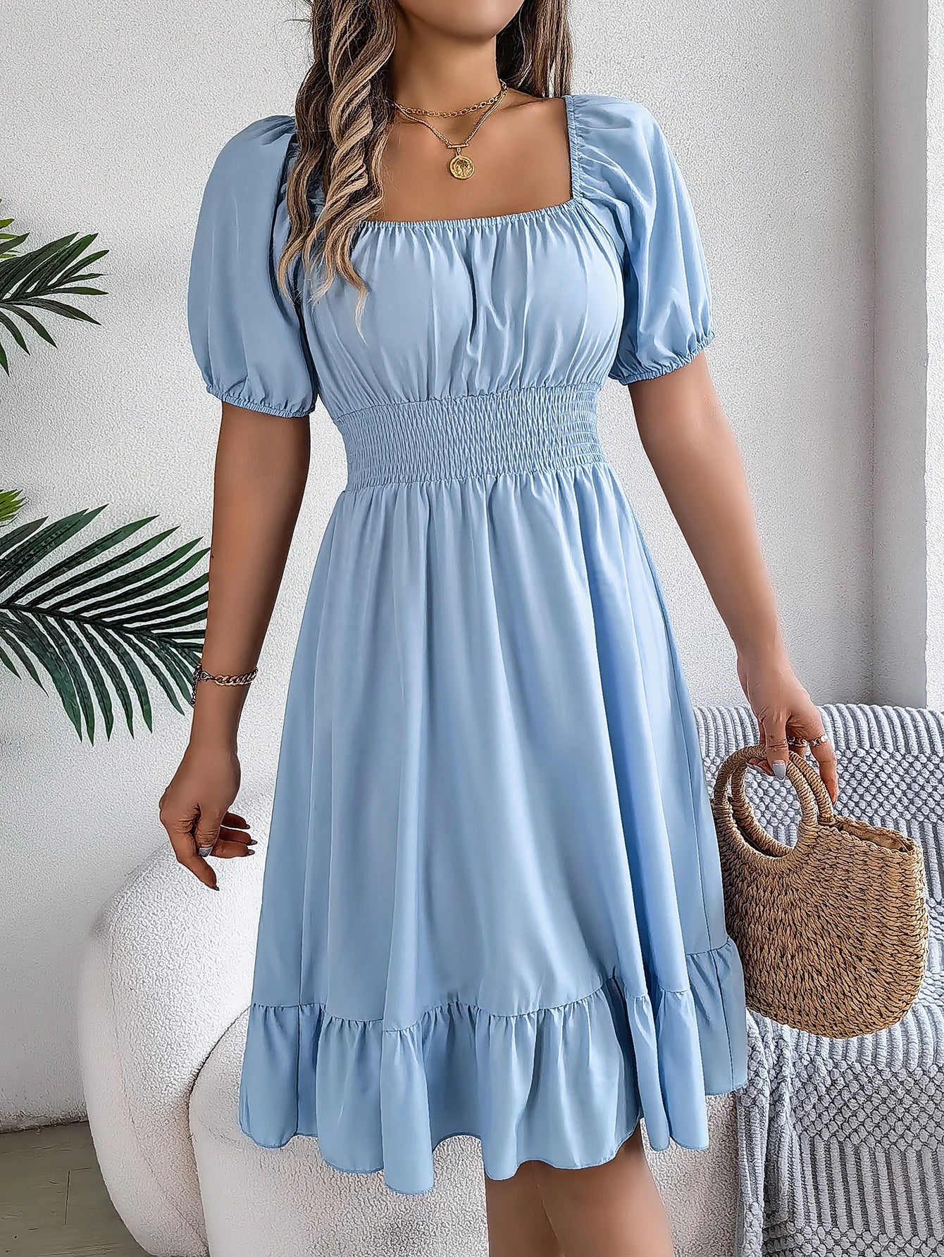 2024 New Fashion Solid Puff Sleeve Square Neck Ruched Bust Ruffle Hem Wasit Dress, Women's Clothing GONZALES ONLINE SHOP