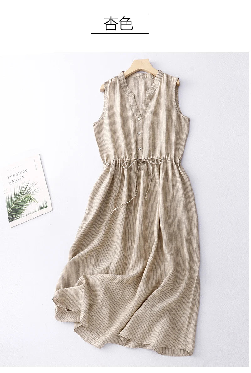 Limiguyue Cotton Linen Striped Vest Dress Summer Clothes Elastic Waist Drawstring A-Line Casual Dresses V-Neck Button Soft U397 GONZALES ONLINE SHOP