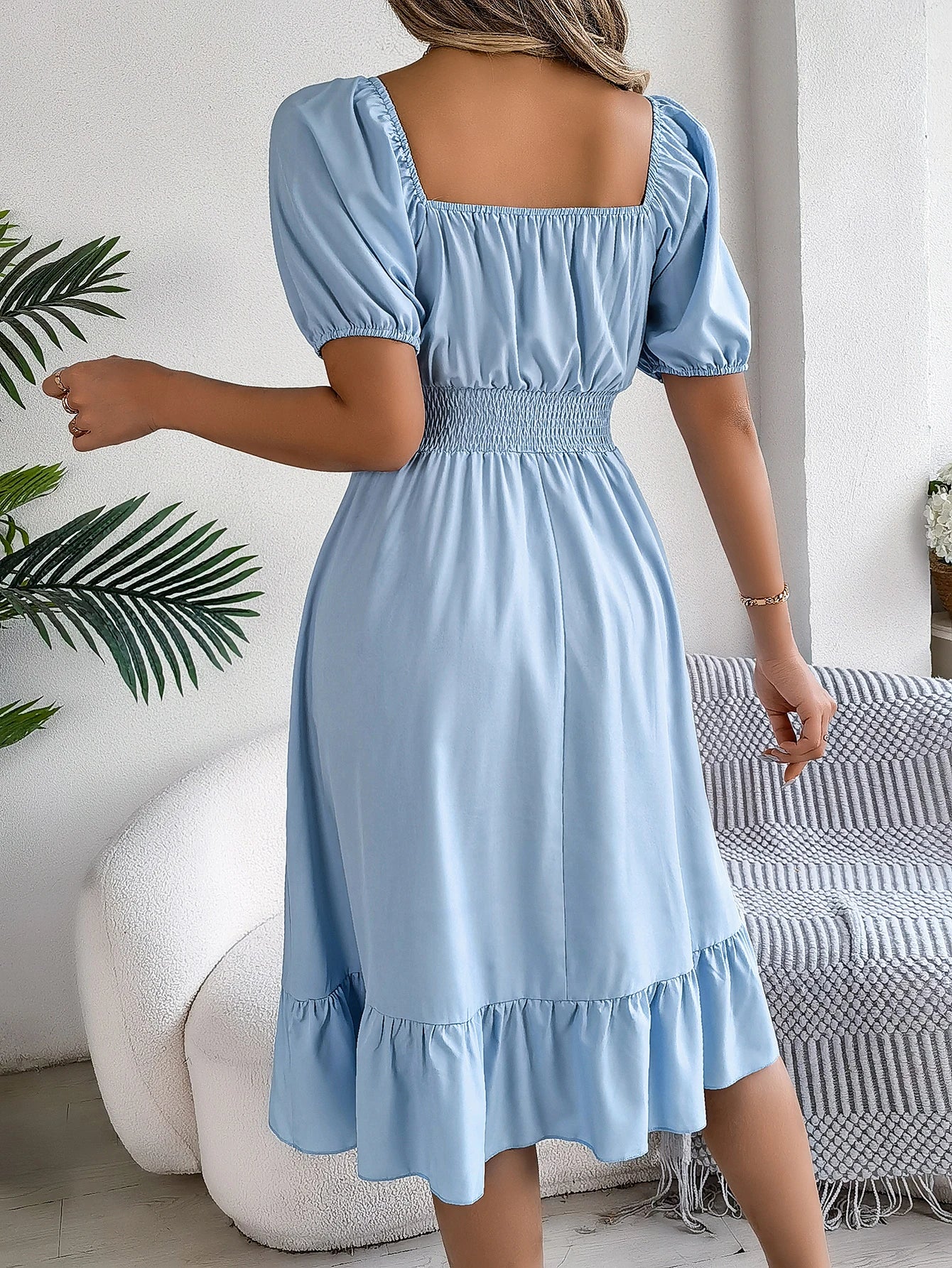 2024 New Fashion Solid Puff Sleeve Square Neck Ruched Bust Ruffle Hem Wasit Dress, Women's Clothing GONZALES ONLINE SHOP