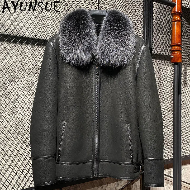 AYUNSUE Mens Natural Fur Jacket Sheepskin Genuine Leather Jacket Men Warm Real Fur Coat Winter Clothes Sliver Fox Fur Collar GONZALES ONLINE SHOP