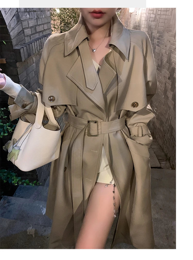 Autumn Winter Khaki Long Trench Coat for Women 2024 Jacket Elegant Outerwear Turn-down Collar Tie Belt Korean Chic Windbreaker GONZALES ONLINE SHOP