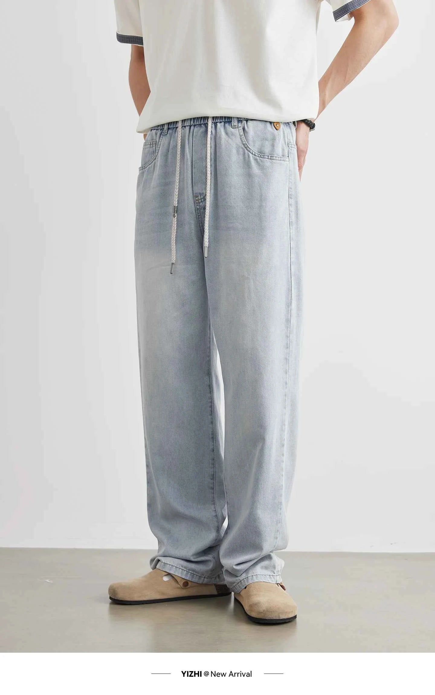 Fashion Men's Drawstring Elastic Waist Street Style Drape Jeans 2025 Summer Light Blue Washed Loose Straight Casual Pants